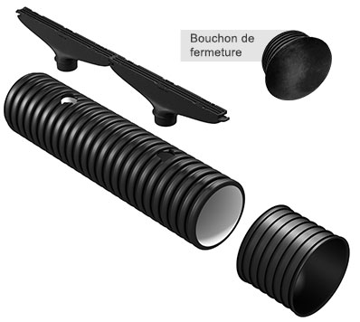 Un module AXLDrain = 2 grilles à fentes en fontes + 1 tube en PE-HD de 1 m + 2 supports EPS + 1 raccord + bouchon de fermeture