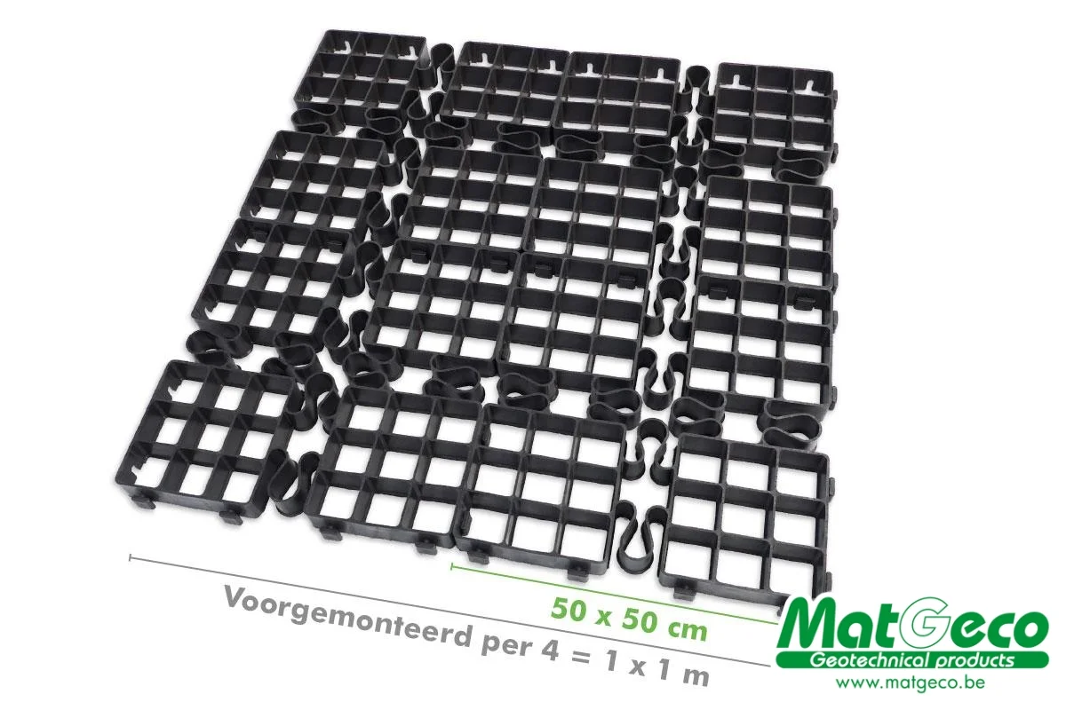 De GeoDal 50 is voorgemonteerd per 4 tegels om een oppervlakte van 1 m² te bedekken.