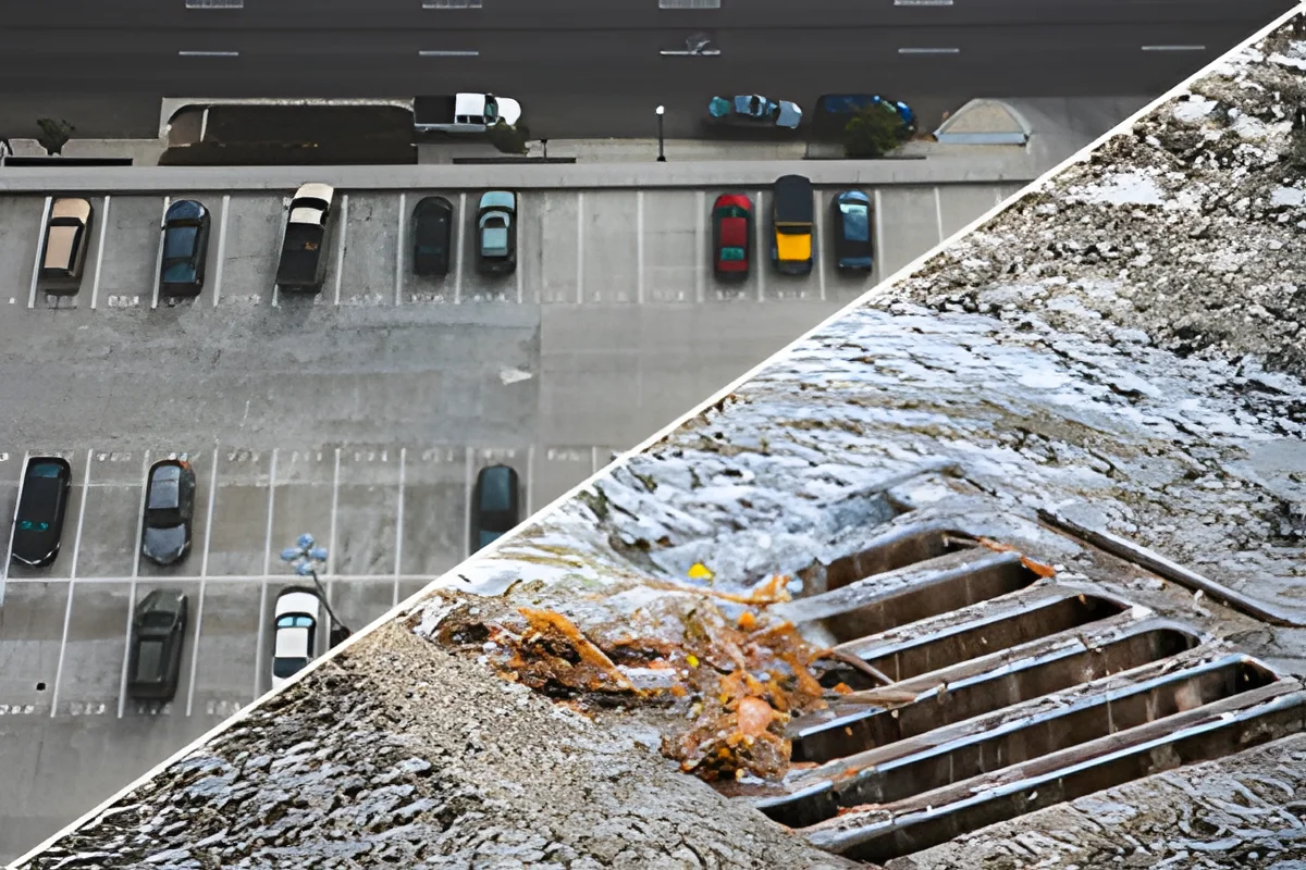 parking bétonné et écoulement des eaux pluviales dans une bouche d'égout