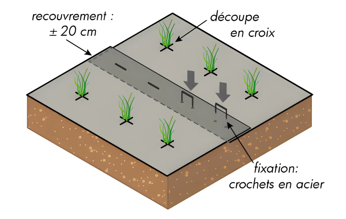 Schémas de pose pour la mise en oeuvre du TexiWeed Brow, la toille de paillage anti-mauvaises herbes