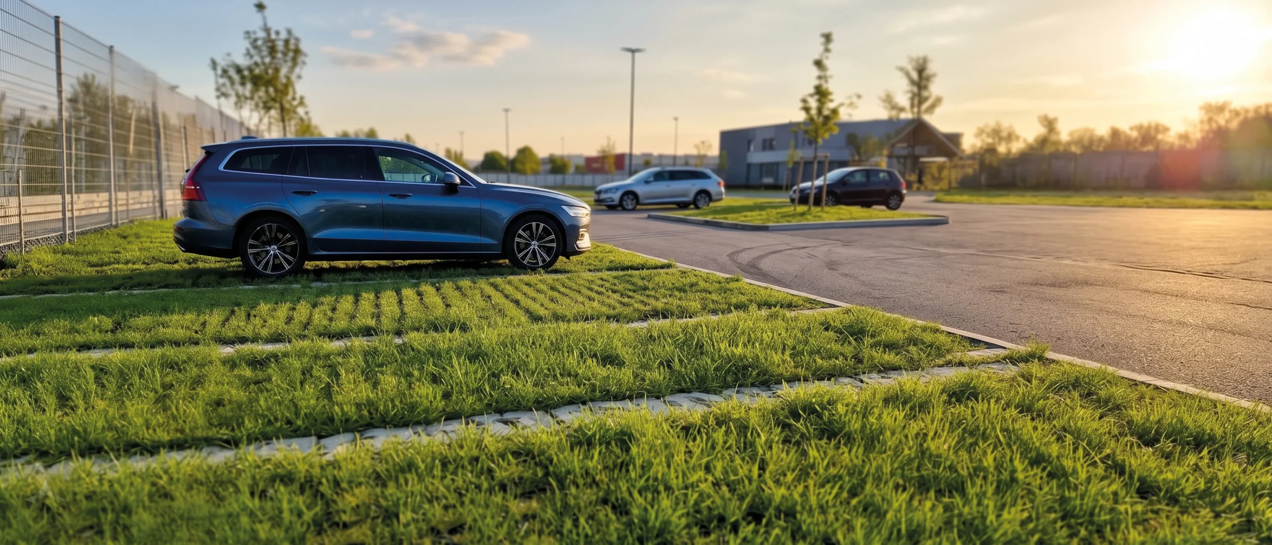Voiture sur un parking engazonné fabriqué avec des dalles gazon XtraDal 40