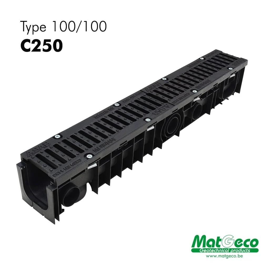 Caniveaux 100/100 de classe C250 en plastiques avec grilles en fonte prémontées