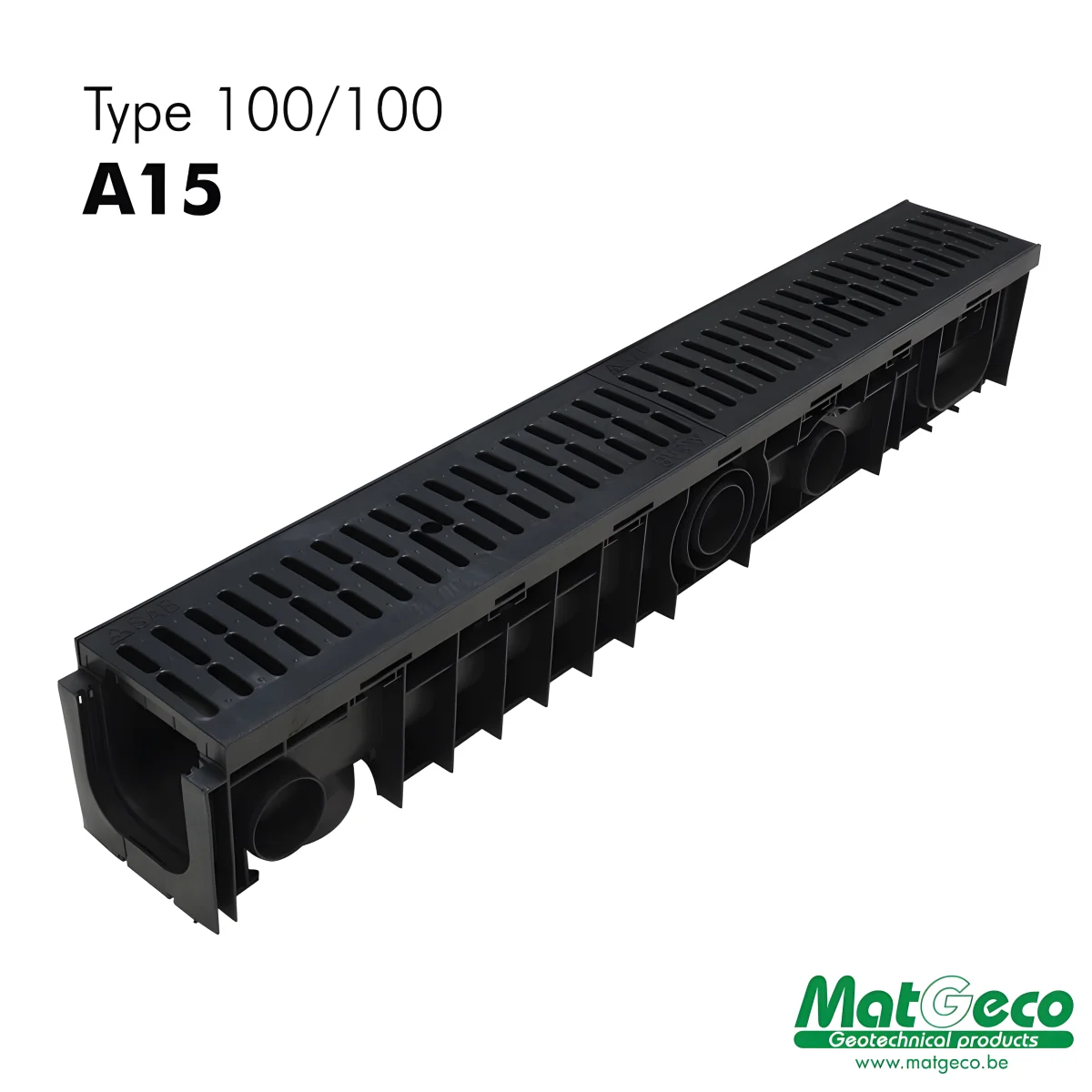 Caniveau de classe A15 100-100 en PP-HD avec grille en polypropylène prémontée