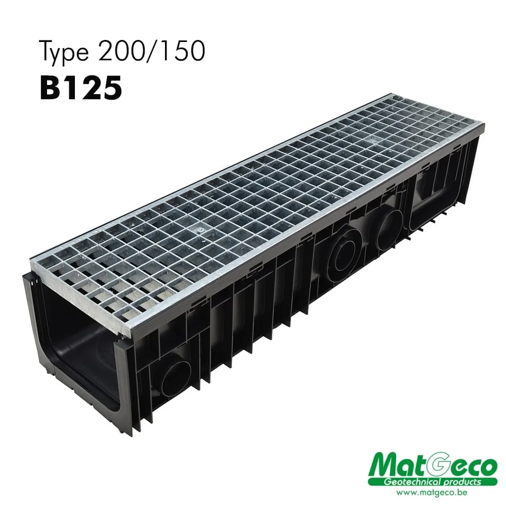 Caniveaux 200x150 de classe B125 en plastiques avec grilles en galva prémontées