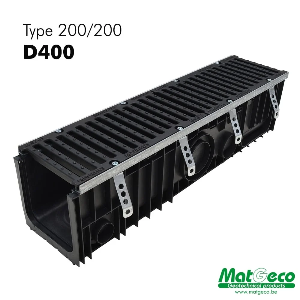 Caniveau 200/200 de classe D400 en PP-HD avec grille en fonte prémontée